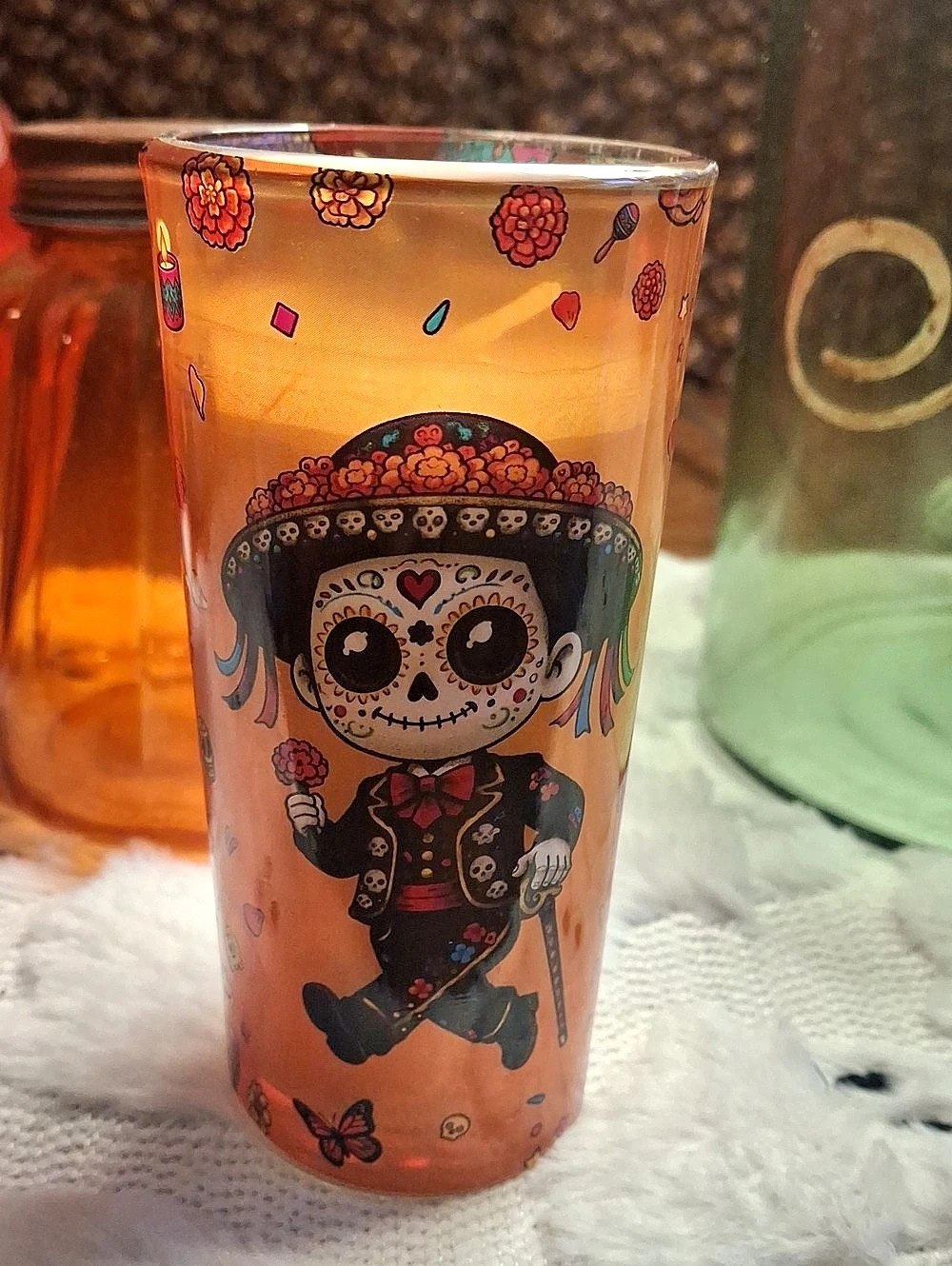 Day of the Dead Skull Candle in Orange